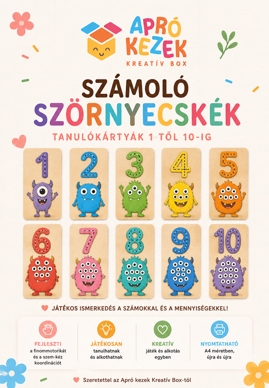 Számoló szörnyecskék – tanulókártyák 1-től 10-ig, digitális PDF