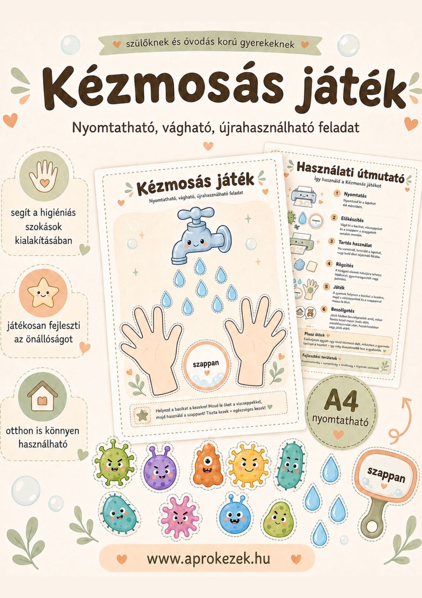Kézmosás játék – nyomtatható higiéniai feladat (digitális PDF)