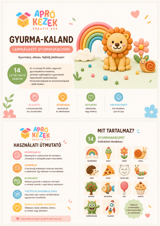 Gyurma-kaland digitális PDF – tartalom és használati útmutató 14 gyurmasablonhoz