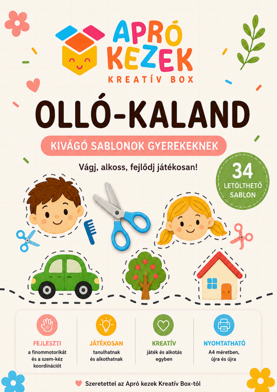 Olló-kaland – 34 kivágó sablon gyermekeknek, digitális PDF