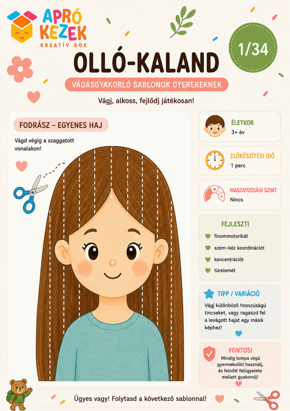 Olló-kaland kivágó sablon – fodrász, egyenes haj