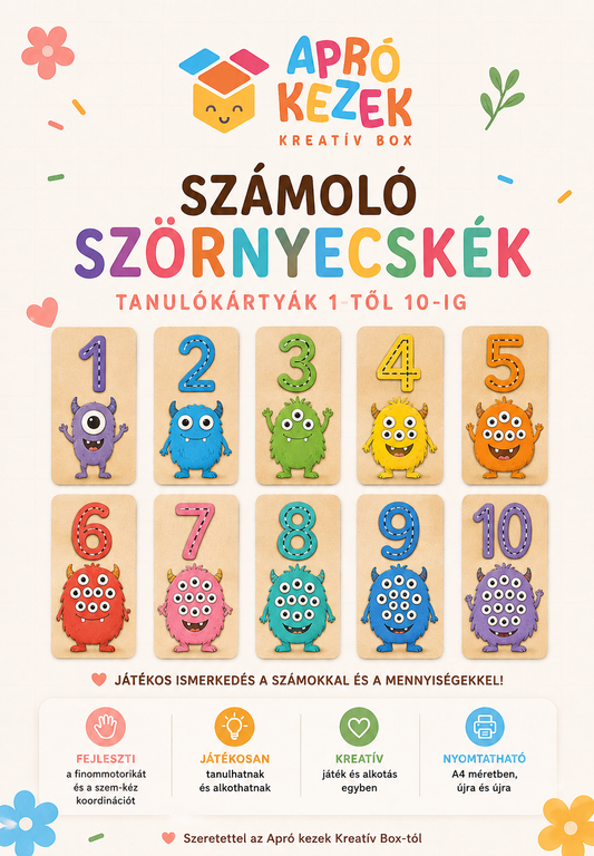 Számoló szörnyecskék – tanulókártyák 1-től 10-ig, digitális PDF